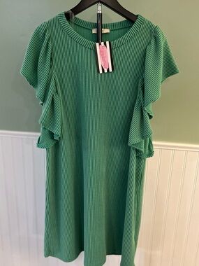 NWT size M entro Jade Ribbed Round-Neck sleeveless Dress w/Ruffle accent